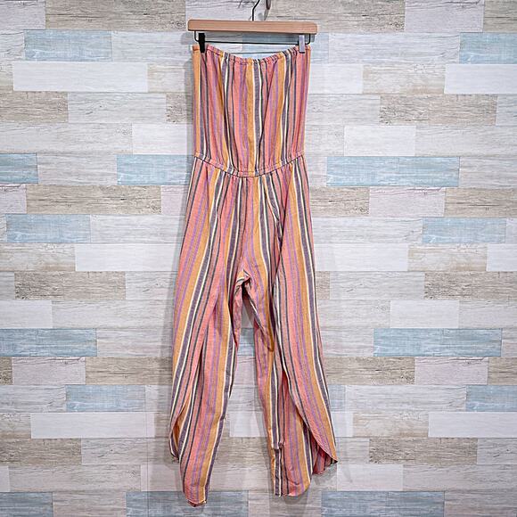 DREW Emerson Linen Tube Jumpsuit Striped Strapless Tulip Slit Leg Womens Small - Picture 1 of 8